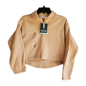 NWT DSG Girls XS Beige Tan Collared Crop Pullover Fleece Sweatshirt Top Casual